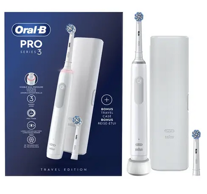 Электрическая зубная щетка Braun Oral-B PRO3 3500 White с дорожным футляром и двумя насадками Sensitive clean